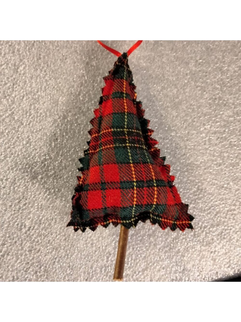 Plaid Christmas Tree Red Green Ornament Fabric Ribbon Hanger Cottage Cabin